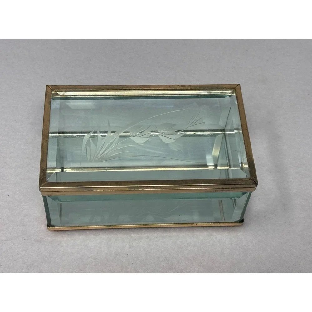 Vtg Curio Case MCM Regency Brass Etched Floral Glass Jewelry Trinket Box